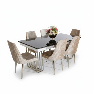 Noir - Salle à manger blanche Table en verre Chaises en textile de designer Mobilier de salle à manger