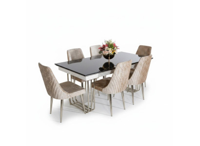 Noir - Salle à manger blanche Table en verre Chaises en textile de designer Mobilier de salle à manger