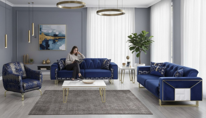 Canapé bleu de luxe Ensemble de designer trois places Table basse Table d'appoint