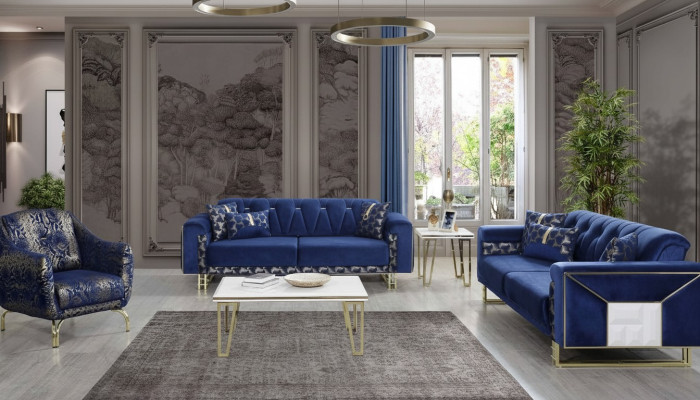 Canapé bleu de luxe Ensemble de designer trois places Table basse Table d'appoint