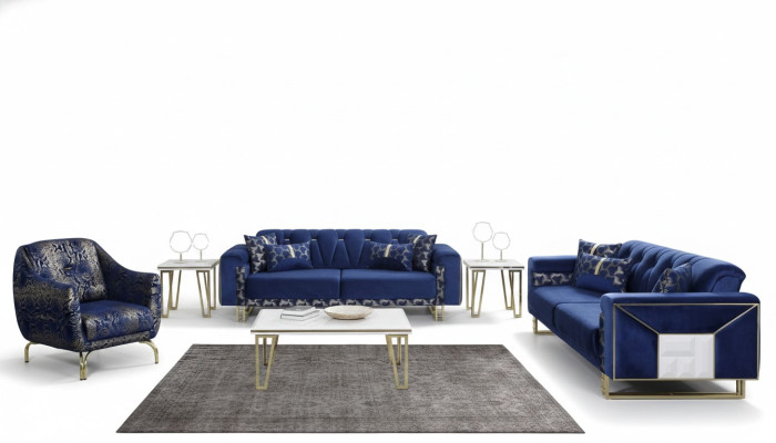 Canapé bleu de luxe Ensemble de designer trois places Table basse Table d'appoint