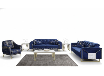 Canapé bleu de luxe Ensemble de designer trois places Table basse Table d'appoint