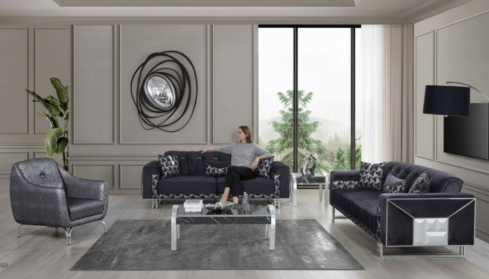 Ensemble de sièges pour salon noir et gris, canapés design, table d'appoint, 5 pièces