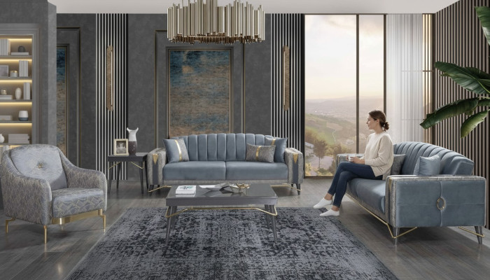 Luxueux ensemble de canapé en tissu gris Chesterfield pour le salon 3 places pliante de fauteuil textile