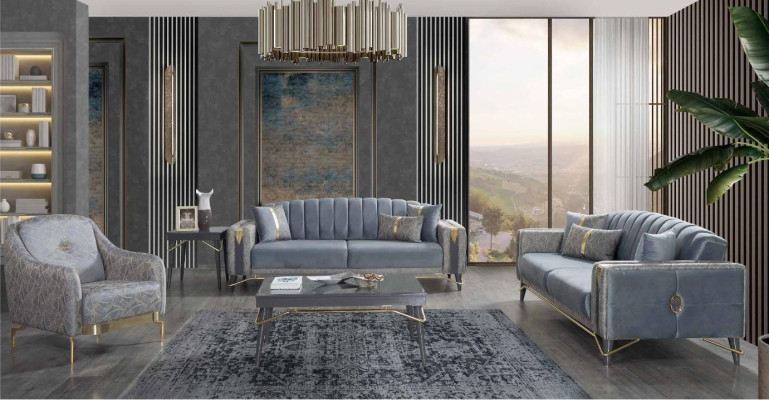 Luxueux ensemble de canapé en tissu gris Chesterfield pour le salon 3 places pliante de fauteuil textile