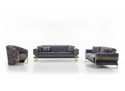 Luxueux ensemble de canapé en tissu gris Chesterfield pour le salon 3 places pliante de fauteuil textile