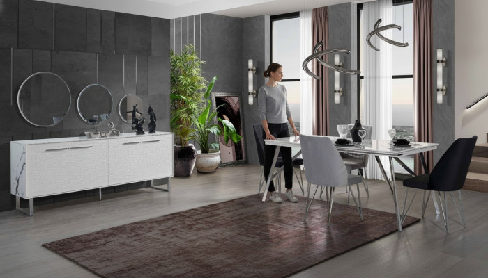 Mobilier de salle à manger gris et blanc commode table à manger chaises rembourrées luxueuses
