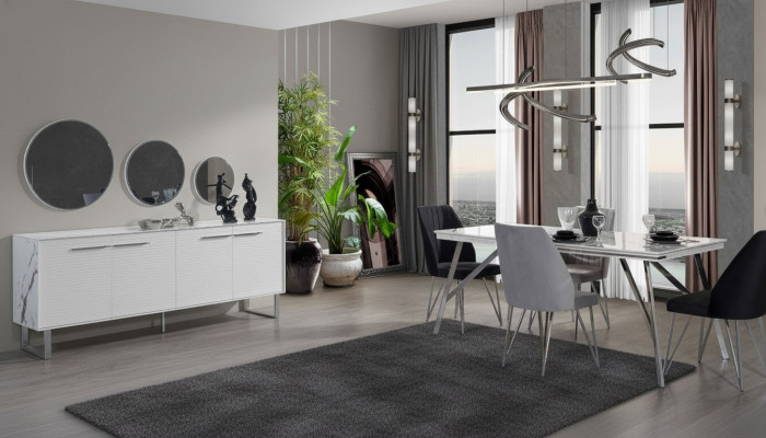 Mobilier de salle à manger gris et blanc commode table à manger chaises rembourrées luxueuses