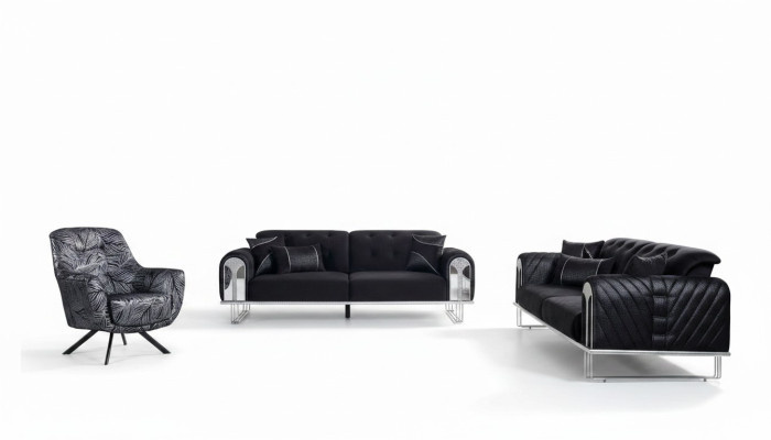 Ensemble de sièges pour salon noir-gris composé d'un canapé 3 places et de deux fauteuils.