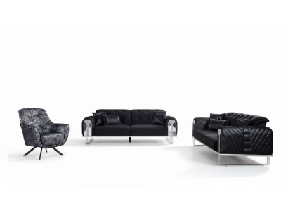 Ensemble de sièges pour salon noir-gris composé d'un canapé 3 places et de deux fauteuils.