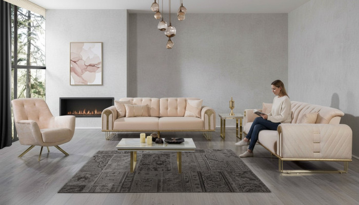 Moderne ensemble canapé beige pour le salon x2 3 places fauteuils rembourrés 3 pièces