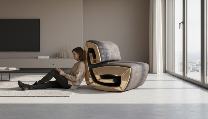 Fauteuil de designer à un seul siège brun doré, relaxant, salon, nouveau.