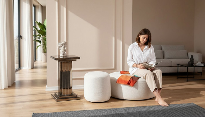 Tabouret rembourré de luxe, tabouret rond, siège de meubles, designer de meubles élégants.