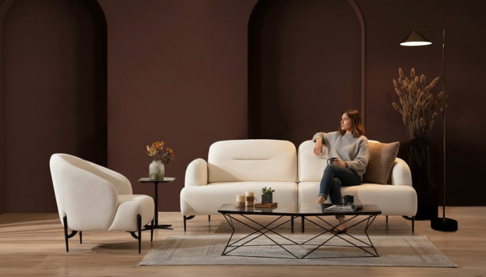 Salon blanc Suite de designer de salon à 3 places Fauteuil en tissu Ensemble de 2 pièces nouveau