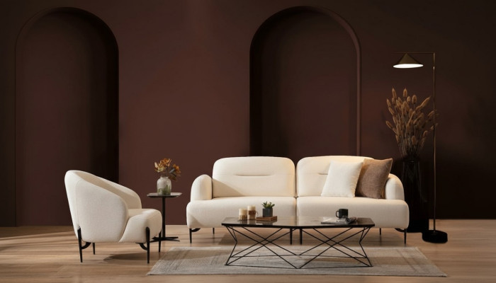 Salon blanc Suite de designer de salon à 3 places Fauteuil en tissu Ensemble de 2 pièces nouveau