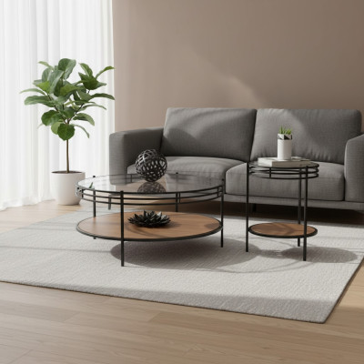 Une table basse moderne de designer avec une table ronde en verre, une table basse en 2 pièces.