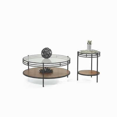 Une table basse moderne de designer avec une table ronde en verre, une table basse en 2 pièces.