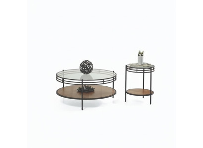 Une table basse moderne de designer avec une table ronde en verre, une table basse en 2 pièces.