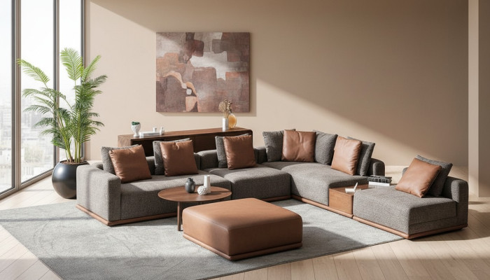 Canapé en forme de L gris design Coin de salon Paysage de vie Tabouret 2 pièces