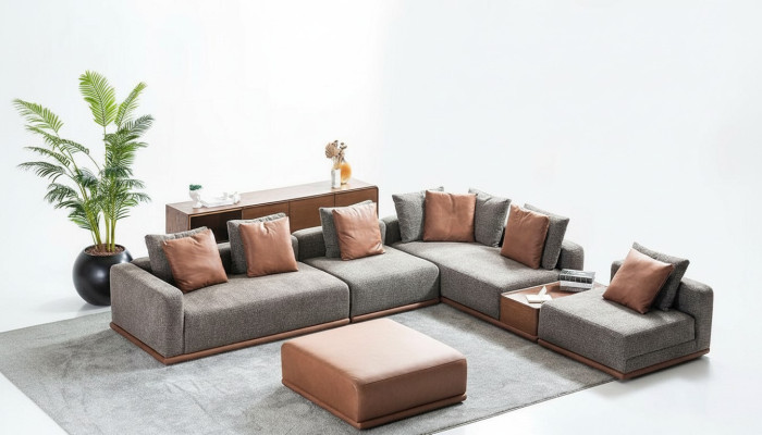 Canapé en forme de L gris design Coin de salon Paysage de vie Tabouret 2 pièces