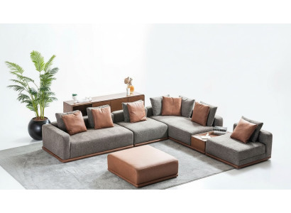 Canapé en forme de L gris design Coin de salon Paysage de vie Tabouret 2 pièces