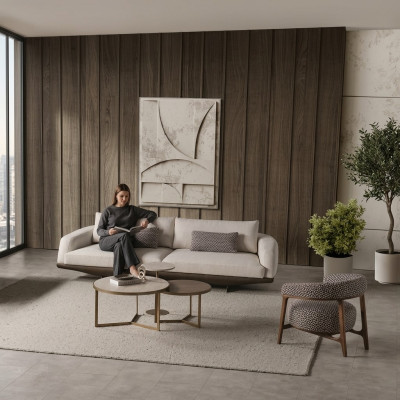 Ensemble de sièges de salon Canapé en forme de L gris Tabouret marron Mobilier de luxe