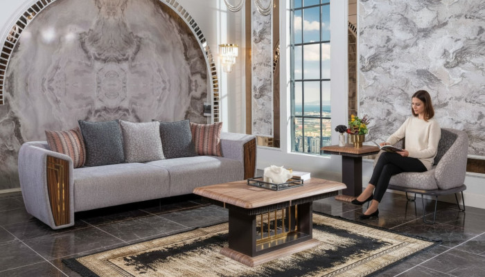 Ensemble de canapé robuste gris en tissu pour trois personnes avec fauteuil assorti