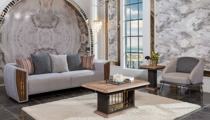 Ensemble de canapé robuste gris en tissu pour trois personnes avec fauteuil assorti