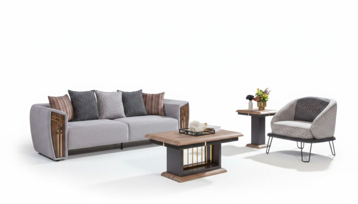 Ensemble de canapé robuste gris en tissu pour trois personnes avec fauteuil assorti