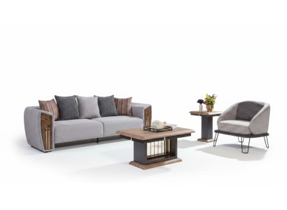 Ensemble de canapé robuste gris en tissu pour trois personnes avec fauteuil assorti