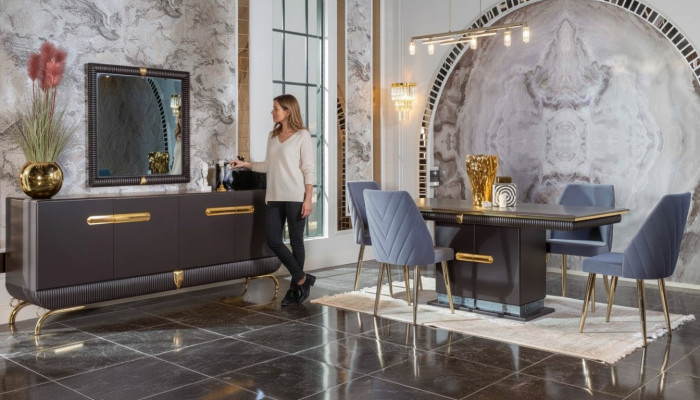 Salle à manger en acier inoxydable Ensemble de Designer Table à manger 4x Chaises Commode 7 pièces