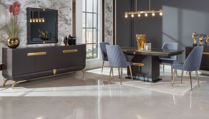 Salle à manger en acier inoxydable Ensemble de Designer Table à manger 4x Chaises Commode 7 pièces