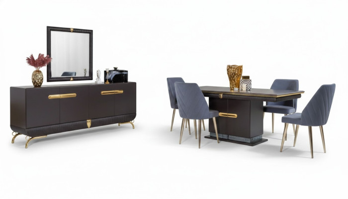 Salle à manger en acier inoxydable Ensemble de Designer Table à manger 4x Chaises Commode 7 pièces