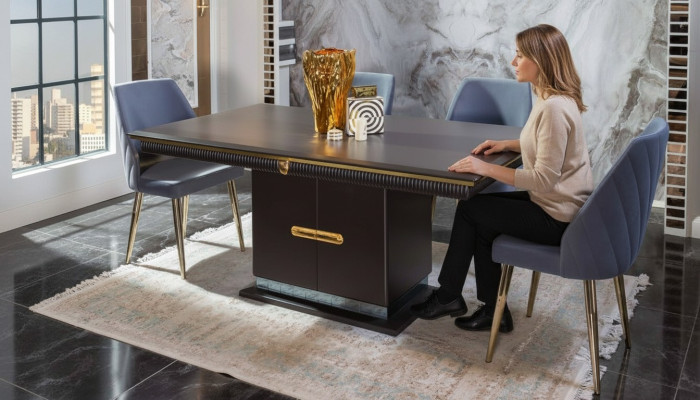 Luxueux ensemble de salle à manger en acier inoxydable Table à manger moderne 4x chaises rembourrées