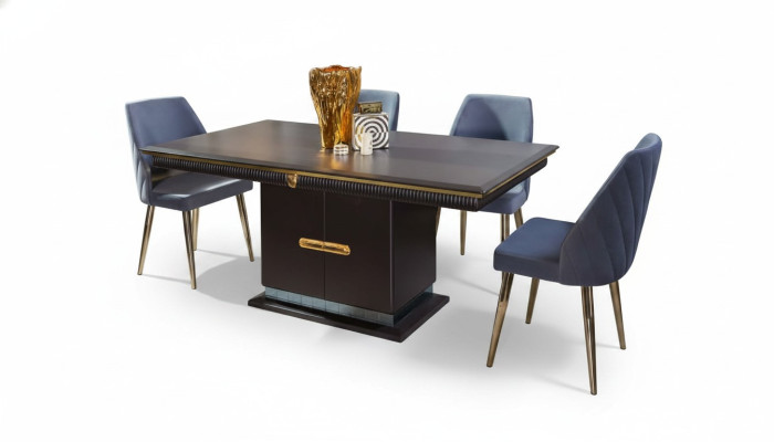Luxueux ensemble de salle à manger en acier inoxydable Table à manger moderne 4x chaises rembourrées