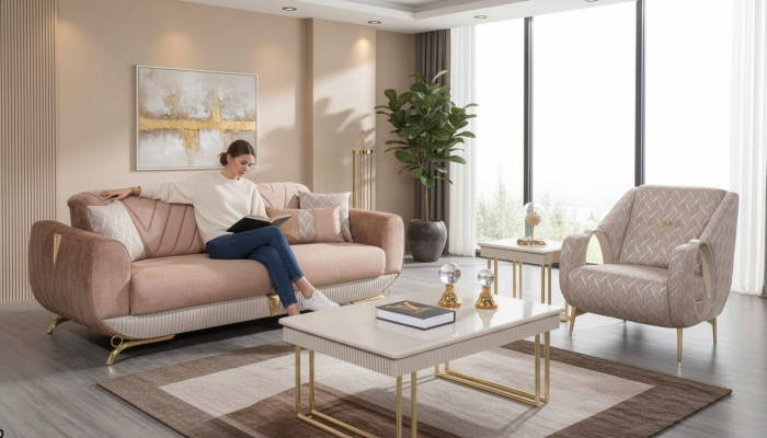 Salon beige Ensemble de luxe 3 places en tissu Fauteuil à accoudoirs Table d'appoint