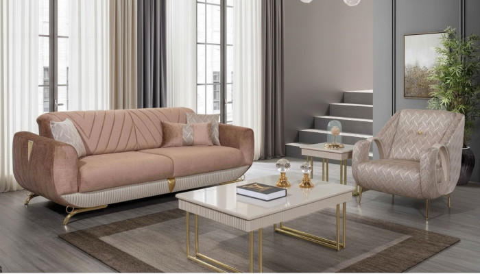 Salon beige Ensemble de luxe 3 places en tissu Fauteuil à accoudoirs Table d'appoint