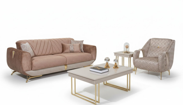 Salon beige Ensemble de luxe 3 places en tissu Fauteuil à accoudoirs Table d'appoint