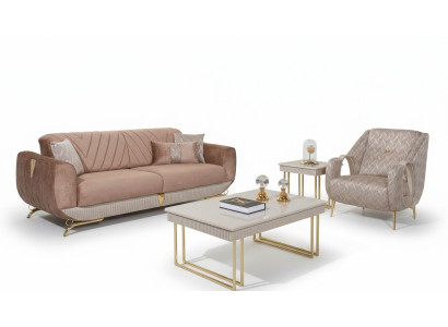 Salon beige Ensemble de luxe 3 places en tissu Fauteuil à accoudoirs Table d'appoint