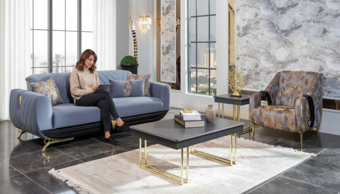 Meubles de salon rembourrés modernes Designer Fauteuil trois places Bleu 4 pièces