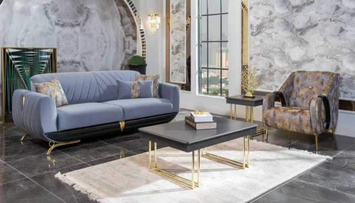 Meubles de salon rembourrés modernes Designer Fauteuil trois places Bleu 4 pièces