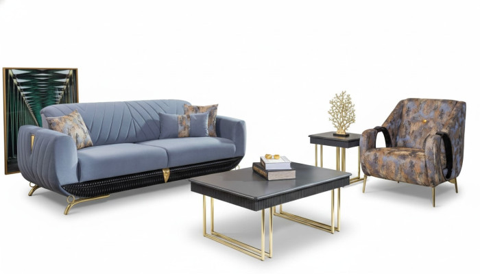 Meubles de salon rembourrés modernes Designer Fauteuil trois places Bleu 4 pièces