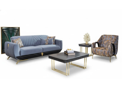 Meubles de salon rembourrés modernes Designer Fauteuil trois places Bleu 4 pièces
