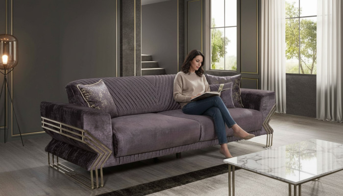 Élégant canapé de luxe moderne à trois places pour le salon avec un revêtement en tissu trois places.