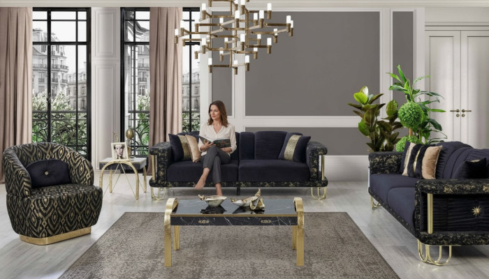 Ensemble de canapés noirs 2x Trois places Fauteuil Rembourré Siège de meuble moderne