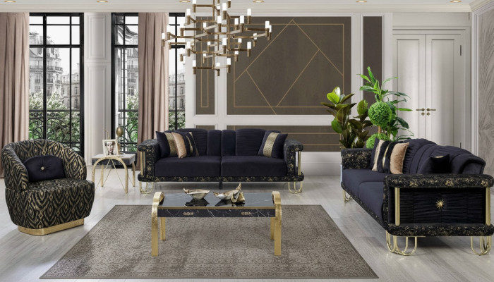 Ensemble de canapés noirs 2x Trois places Fauteuil Rembourré Siège de meuble moderne