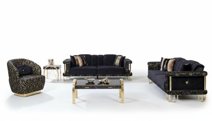 Ensemble de canapés noirs 2x Trois places Fauteuil Rembourré Siège de meuble moderne