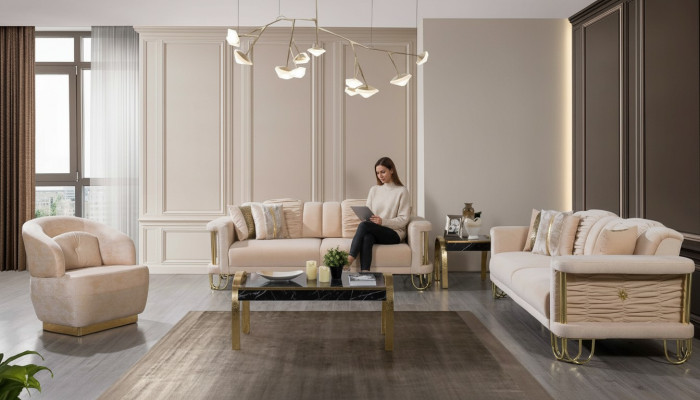 Ensemble de canapé moderne beige 3 + 3 + 1 place Chaise rembourrée de designer Mobilier
