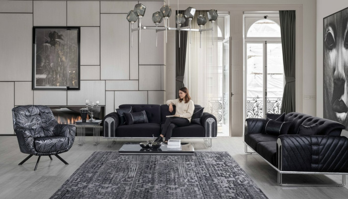 Ensemble de canapés de salon noir, 2x canapé trois places, fauteuil rembourré de designer