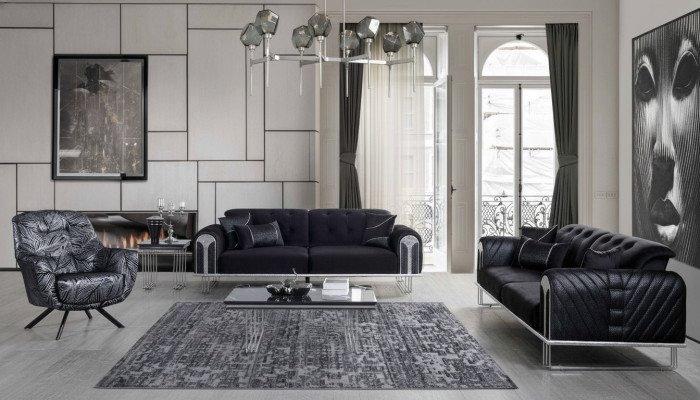 Ensemble de canapés de salon noir, 2x canapé trois places, fauteuil rembourré de designer